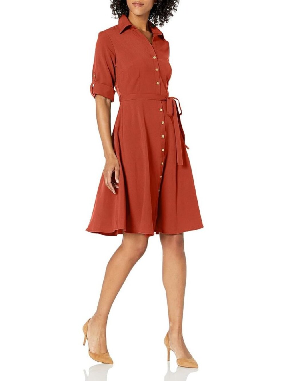 Chic Pleated Shirt Dress for Women – 3/4 Sleeve, V-Neck, Gold Button Detail